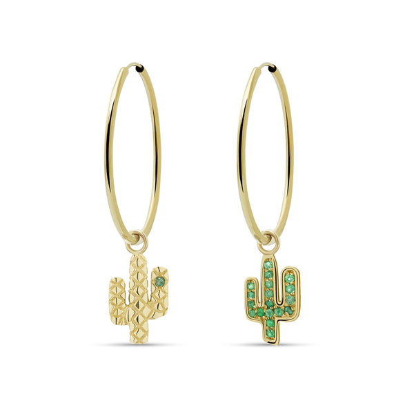 Our two piece 14 karat gold hoop earrings feature the Cactus Charms with handset emerald stones. 