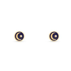 These handmade 14 karat gold diamond earring studs are the perfect every day gold accessory. The stud earrings feature a hand-painted blue enamel with a moon and a shining diamond star. 