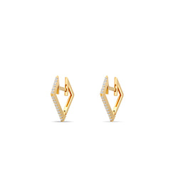 Our 14 karat gold huggie earrings with clear lines and edges! These diamond earrings feature a 0.18ct handset diamond pave and are the ultimate essential for an every day.