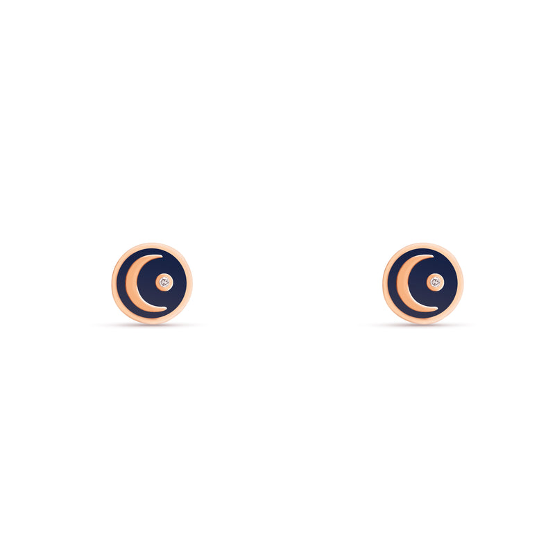 These handmade 14 karat gold diamond earring studs are the perfect every day gold accessory. The stud earrings feature a hand-painted blue enamel with a moon and a shining diamond star. rosegold moon earring
