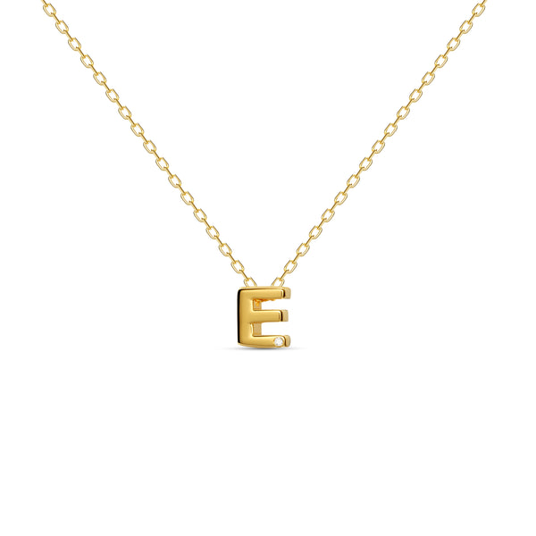 A 18 karat gold vermeil necklace with your initial letter "E". This diamond letter necklace is a special jewelry necklace that can be worn day and night. A genuine diamond stone in the corner of the letter makes this gold diamond necklace a luxury and ideal gift for yourself, your best friend or loved one. 