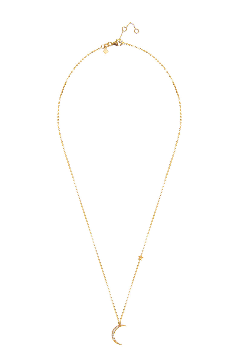 Diamond Crescent Moon and Star Necklace - 14 karat gold diamond necklace, diamonds 0.08ct