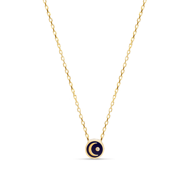 Enamel Moon Diamond Necklace - 14 karat gold, diamond 0.02ct, handpainted Enamel